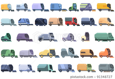 Sweeper icons set cartoon vector. Street truck. Machine broom Sweeper icons set cartoon vector. Street truck. Machine broom 91348727