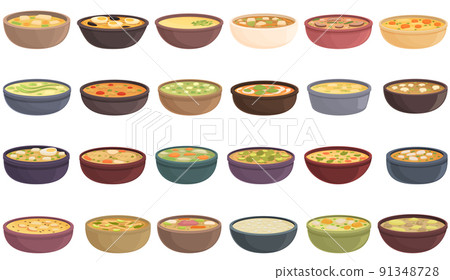 Street soup icons set cartoon vector. Cafe cooking. Appetizer cuisine Street soup icons set cartoon vector. Cafe cooking. Appetizer cuisine 91348728
