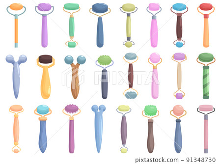Facial roller icons set cartoon vector. Face care. Age self Facial roller icons set cartoon vector. Face care. Age self 91348730