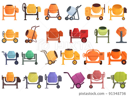 Cement mixer icons set cartoon vector. Concrete material. Worker mix Cement mixer icons set cartoon vector. Concrete material. Worker mix 91348736