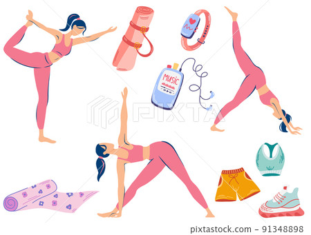 Yoga classes. Girls do yoga in different poses. Sport equipment, gym accessory, Yoga mat, sportswear, fitness bracelet and player.  Workout stuff bundle. Flat vector illustration 91348898