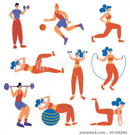 People athlete set. Fitness classes for men and women. Set of male and female trainers doing different sport exercises. Healthy lifestyle. Flat vector illustration 91348899