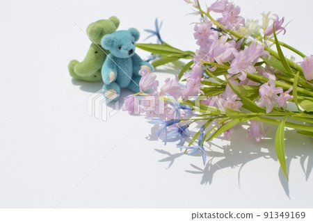 一束淡色的席勒和amsonia elliptica和一隻泰迪熊 91349169