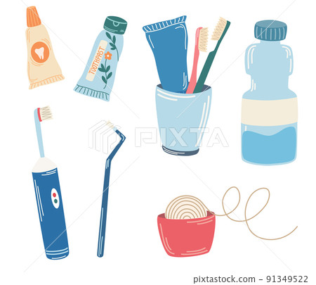Dental care tools. Toothbrush, toothpaste, dental floss, Electric Toothbrush. Product for cleaning teeth. Dental and oral care abstract concept. Vector Cartoon illustration 91349522