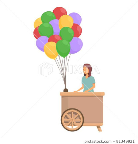 Balloon seller wood cart icon cartoon vector. Street seller. Shadow park Balloon seller wood cart icon cartoon vector. Street seller. Shadow park 91349921