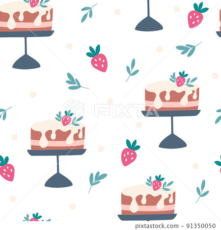 Cake seamless pattern. Strawberry cake. Sweet food background. Printing on fabrics, labels, diary covers and other. Hand Drawn Cartoon Vector illustration 91350050
