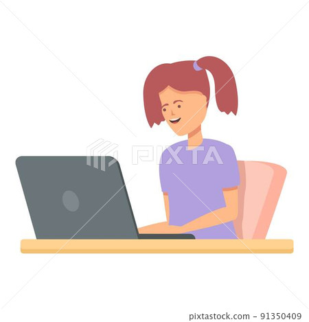 Laptop girl icon cartoon vector. Kid child. Internet school 91350409