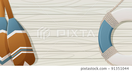 Decorated oars, lifebuoy with ropes on wooden background with space for text, vector illustration 91351044