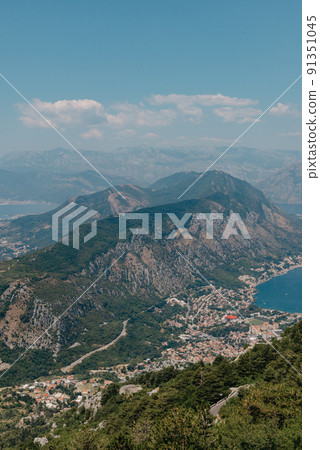 Beautiful nature mountains landscape. Kotor bay, Montenegro. Views of the Boka Bay, with the cities of Kotor and Tivat with the top of the mountain, Montenegro 91351045