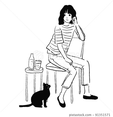 A woman sitting on a chair thinking a cat 91351571