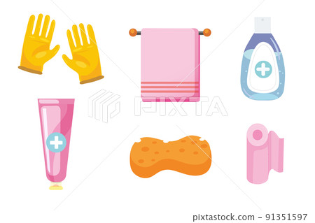 Disinfection and hygiene set. SRubber gloves on hands, medical mask. Bottle of antiseptic spray. Antibacterial flask. Disinfection. Hand hygiene. 91351597