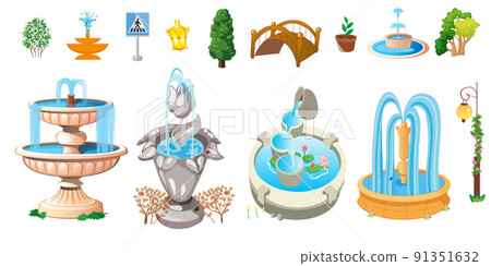 Fountains Cartoon Set. Outdoor gardening decorative symbols nature water fountains vector collections Fountains Cartoon Set. Outdoor gardening decorative symbols nature water fountains vector collections 91351632
