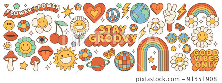 Groovy hippie 70s set. Funny cartoon flower, rainbow, peace, Love, heart, daisy, mushroom etc. Sticker pack in trendy retro psychedelic cartoon style. Isolated vector illustration. Flower power. Groovy hippie 70s set. Funny cartoon flower, rainbow, peace, Love, heart, daisy, mushroom etc. Sticker pack in trendy retro psychedelic cartoon style. Isolated vector illustration. Flower power. 91351908