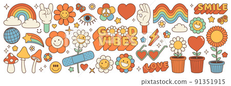 Groovy hippie 70s set. Funny cartoon flower, rainbow, peace, Love, heart, daisy, mushroom etc. Sticker pack in trendy retro psychedelic cartoon style. Isolated vector illustration. Flower power. Groovy hippie 70s set. Funny cartoon flower, rainbow, peace, Love, heart, daisy, mushroom etc. Sticker pack in trendy retro psychedelic cartoon style. Isolated vector illustration. Flower power. 91351915