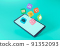 3DCG illustrations of smartphones and app icons scattered on a light blue background 91352093