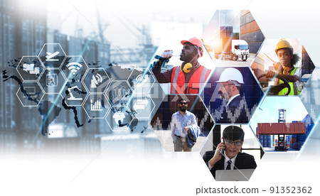 Transportation and logistic network distribution .  Business logistic import export and transport industry. Container cargo ship and trucks of industrial cargo freight for shipping. team work 91352362