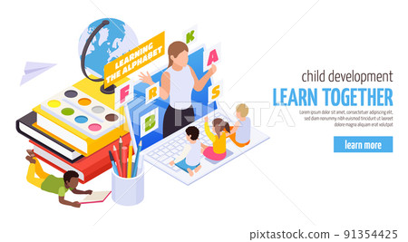 Kindergarten Online Isometric Banner 91354425