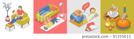 Hygge Lifestyle Isometric Icon Set Hygge Lifestyle Isometric Icon Set 91355613