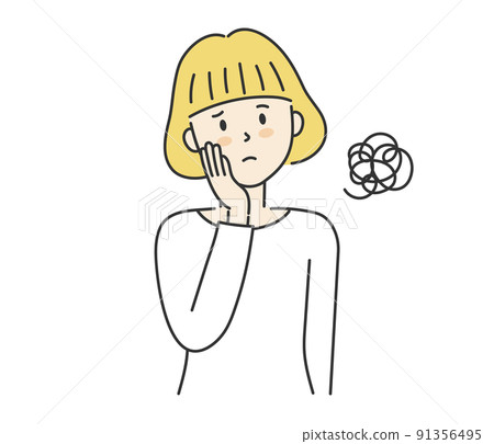 Illustration of a woman who is worried about tilting her head Illustration of a woman who is worried about tilting her head 91356495