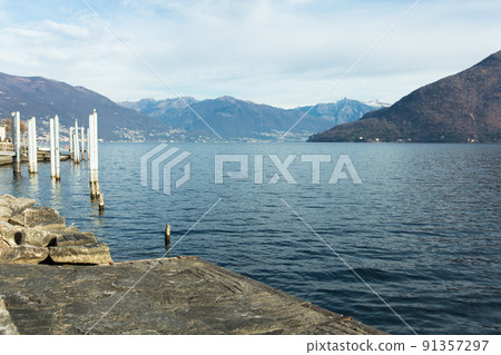 mountain lake maggiore in winter afternoon. Cannobio. Piamonte. Italy mountain lake maggiore in winter afternoon. Cannobio. Piamonte. Italy 91357297