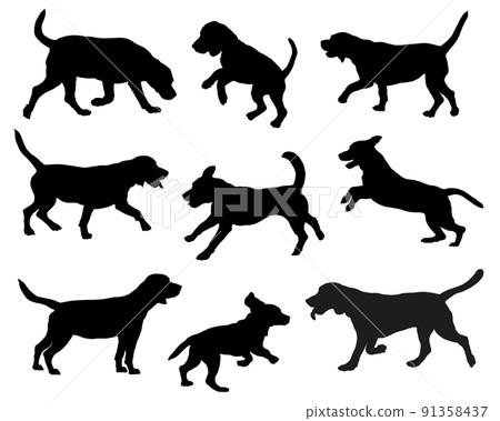 Group of beagles in various poses. Dog silhouette. 91358437