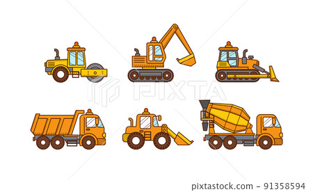 Cars mixer truck, excavator, road roller, truck Cars mixer truck, excavator, road roller, truck 91358594