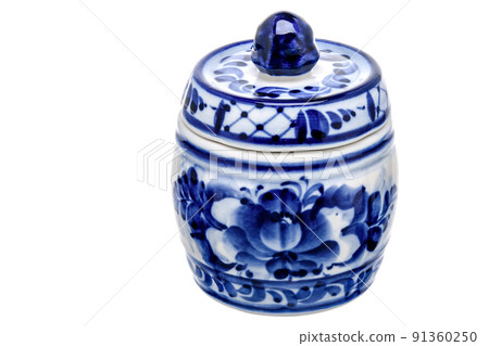 Tableware Empty Sugar Bowl Casket Figurine Sculpture Porcelain Ceramic Isolated on white background. Cobalt Blue color is traditional folk floral painting. Decor for interior of premises. Tableware Empty Sugar Bowl Casket Figurine Sculpture Porcelain Ceramic Isolated on white background. Cobalt Blue color is traditional folk floral painting. Decor for interior of premises. 91360250