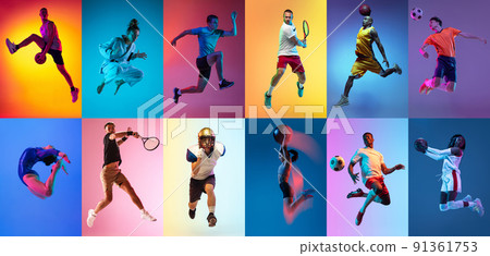 Collage of professional sportsmen in action and motion isolated on multicolored background in neon light. Flyer. Advertising, sport life concept Collage of professional sportsmen in action and motion isolated on multicolored background in neon light. Flyer. Advertising, sport life concept 91361753