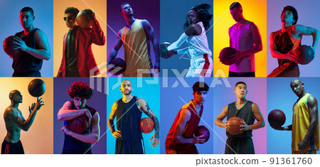Sport collage of professional athletes on gradient multicolored neoned background. Concept of motion, action, active lifestyle, achievements, challenges 91361760