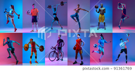 Sport collage of professional athletes on gradient multicolored neoned background. Concept of motion, action, active lifestyle, achievements, challenges Sport collage of professional athletes on gradient multicolored neoned background. Concept of motion, action, active lifestyle, achievements, challenges 91361769
