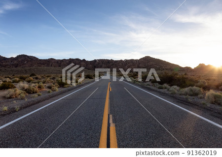 Scenic highway in the mountain landscape. Sunset Sky. 91362019