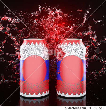 Two patterned tricolor tin cans in bright splashes of sparkling water. Refreshing drink. Advertising mockup. 3d rendering Two patterned tricolor tin cans in bright splashes of sparkling water. Refreshing drink. Advertising mockup. 3d rendering 91362728
