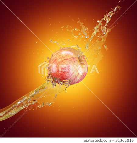 Ripe apple in splashes of water flies on a red-yellow gradient background. Advertising poster. 3d rendering 91362816