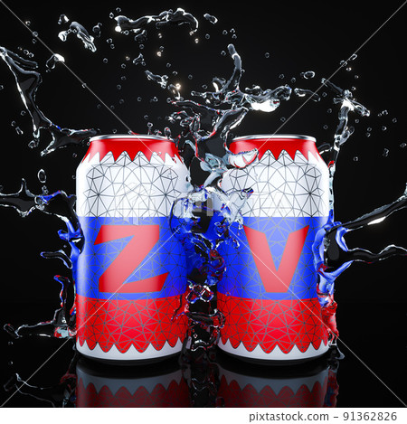 Two tin cans with a tricolor pattern and the letters z and v in sparkling water splashes. Advertising symbols. Refreshing drink. 3d rendering 91362826
