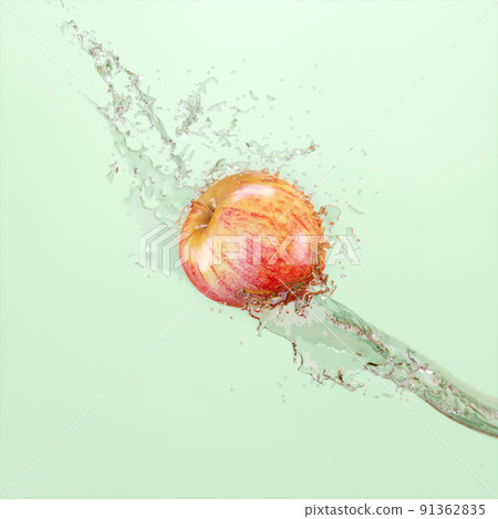 A ripe shiny apple flies in a stream of splashing water against a light turquoise background. Advertising poster. 3d rendering 91362835