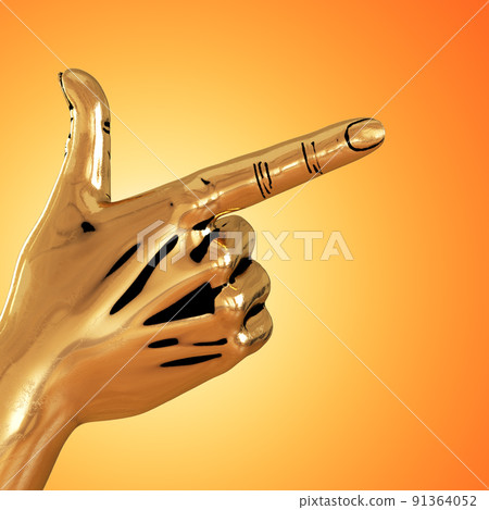 Golden hand with an extended forefinger and thumb on an orange background. Pointing sign. 3d rendering 91364052