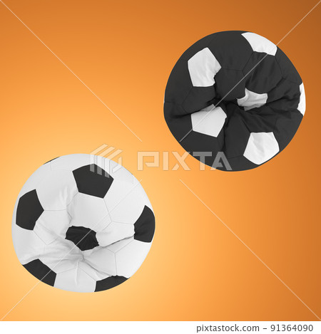 Two black and white armchairs in the form of a soccer ball on an orange background. Top view. 3d rendering Two black and white armchairs in the form of a soccer ball on an orange background. Top view. 3d rendering 91364090