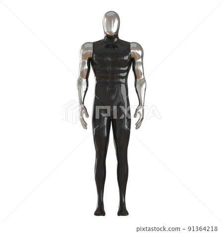 Black male muscular mannequin with a silvery head and arms on a white background. Front view. 3d rendering 91364218