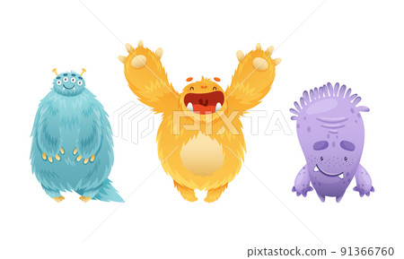Cute Monster Character as Toothy and Hairy Mutant with Funny Friendly Face and Big Mouth Vector Set 91366760