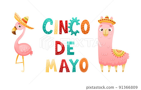 Pink Flamingo and Woolly Llama in Sombrero Hat as Mexican Culture Symbols Vector Set Pink Flamingo and Woolly Llama in Sombrero Hat as Mexican Culture Symbols Vector Set 91366809