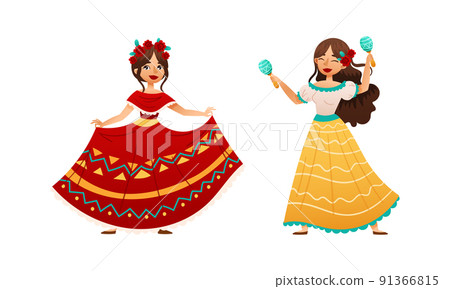 Mexican Woman in Colorful Traditional Clothing Celebrating National Holiday Cinco de Mayo Vector Set Mexican Woman in Colorful Traditional Clothing Celebrating National Holiday Cinco de Mayo Vector Set 91366815