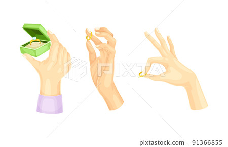 Hands holding wedding golden rings set. Male hand holding opened green box with golden ring and diamond cartoon vector illustration 91366855