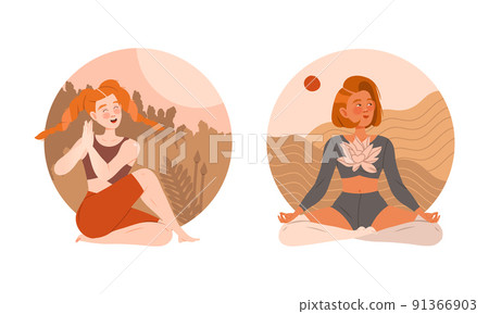 Young women meditating and relaxing. People practicing yoga and breathing exercise set vector illustration 91366903