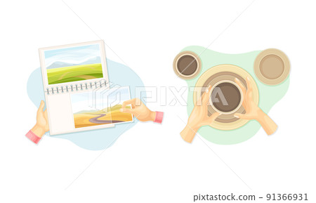 Top view of hands creating crafts set. Hands making clay pot and attaching photos at photo album vector illustration 91366931