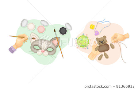 Top view of hands creating crafts set. Hands making carnival mask and sewing bear toy vector illustration 91366932