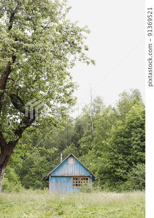 Small wooden house in rural field, view on a farmhouse in countryside, summer scenic landscape Small wooden house in rural field, view on a farmhouse in countryside, summer scenic landscape 91369521