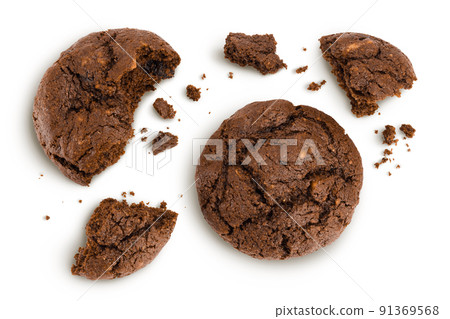 chocolate cookies broken isolated on white background with full depth of field. Top view. Flat lay chocolate cookies broken isolated on white background with full depth of field. Top view. Flat lay 91369568