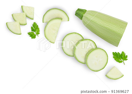 zucchini or marrow isolated on white background. Top view with copy space for your text. Flat lay 91369627