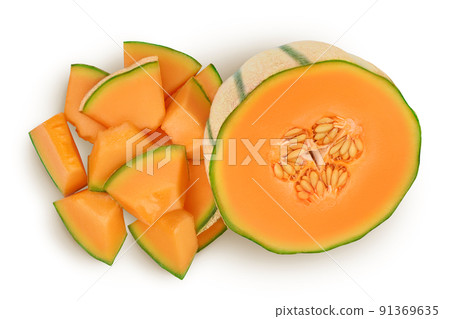 Cantaloupe melon isolated on white background with full depth of field. Top view. Flat lay Cantaloupe melon isolated on white background with full depth of field. Top view. Flat lay 91369635