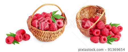 Ripe raspberries with leaf in a wicker basket isolated on white background. Set or collection Ripe raspberries with leaf in a wicker basket isolated on white background. Set or collection 91369654